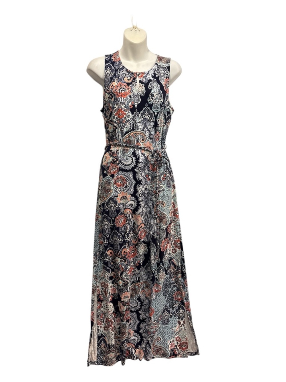 Chico's Navy & Coral Paisley Maxi Dress size 1 or medium. Sleeveless